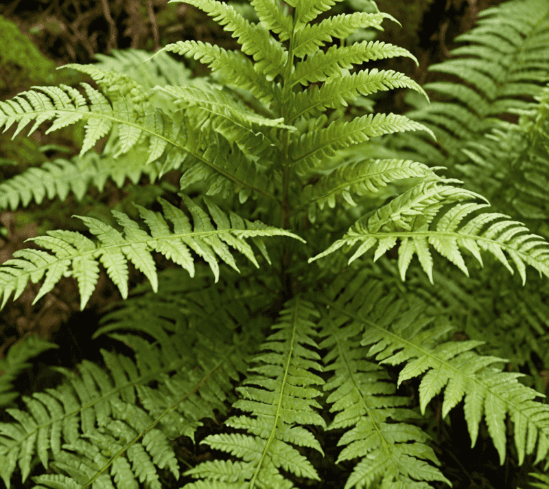 Close-up of a green fern frond unfurling in a mossy forest