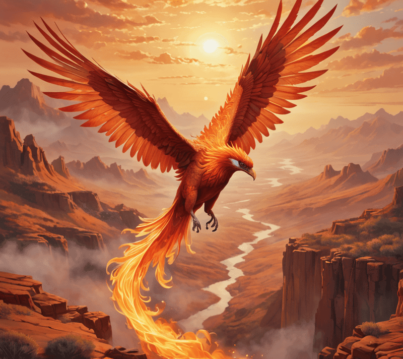Fiery Phoenix flying over a landscape at sunrise symbolizing rebirth
