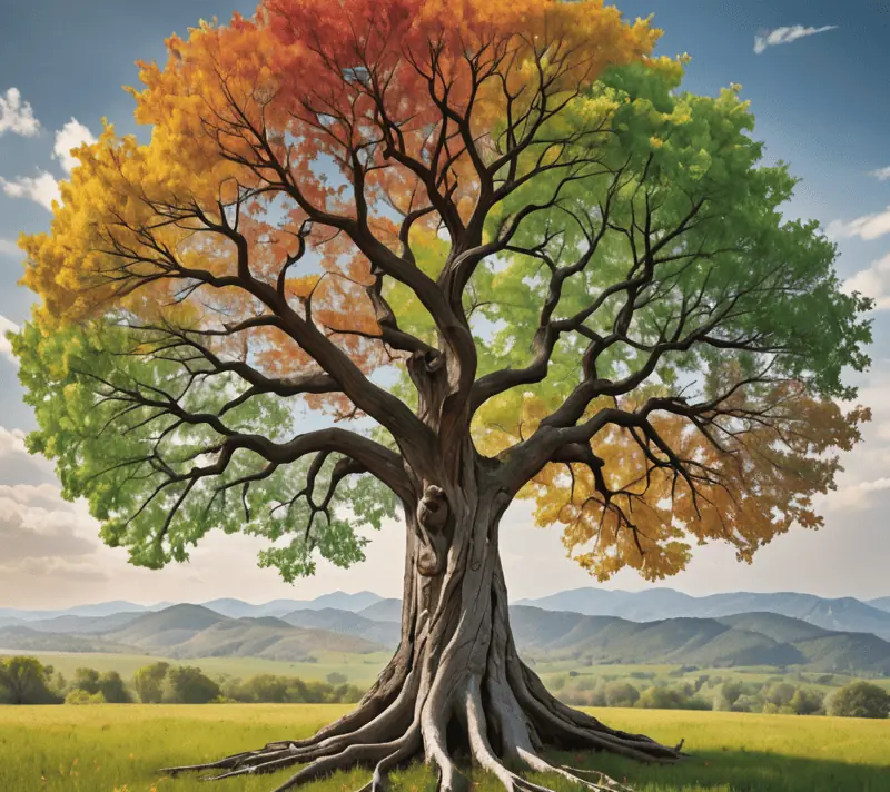 Ancient tree showcasing resilience across the four seasons