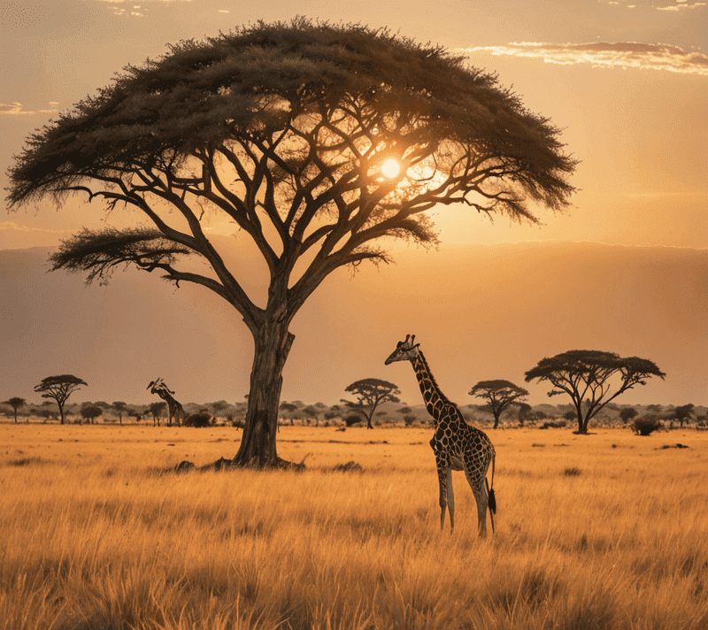 Lone acacia tree casting a long shadow in a sunset-lit savannah with wandering giraffes
