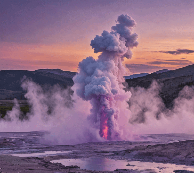 Geyser erupting powerfully into a dusky purple twilight sky