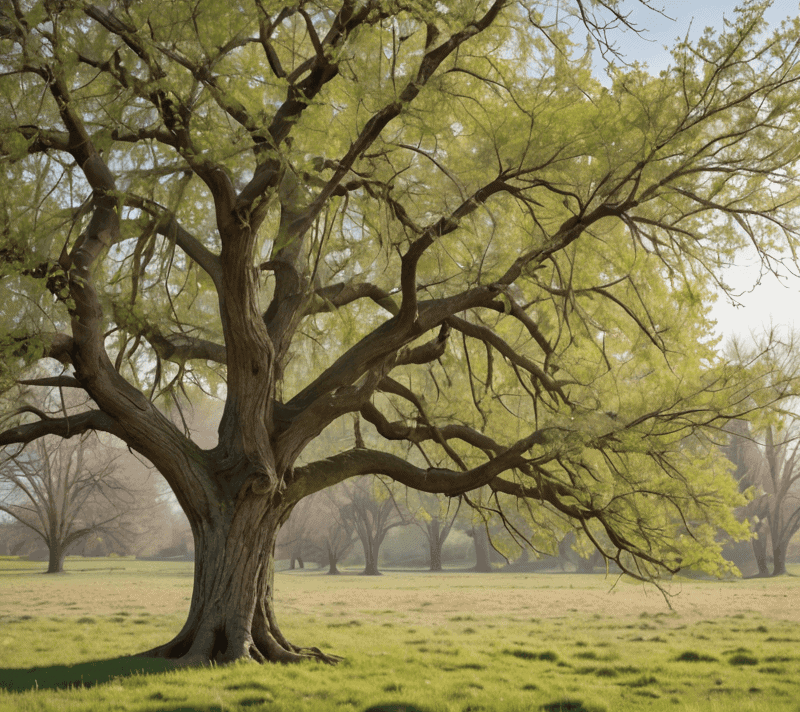 Mature tree bowing in a meadow symbolizing natural respect