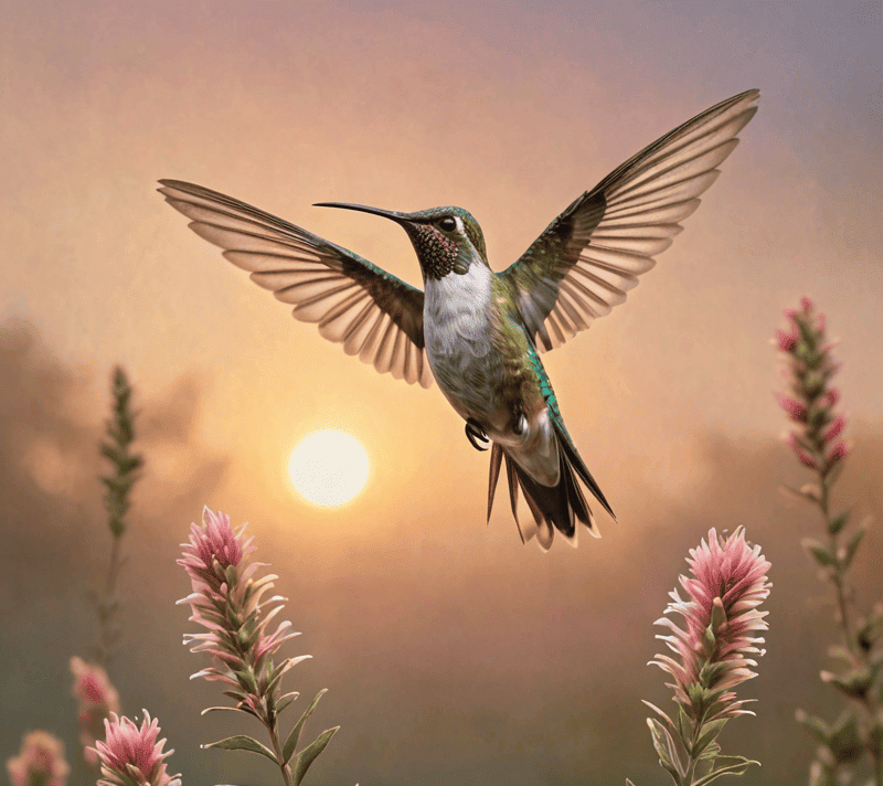 Hummingbird responsively hovering over a flower at sunrise