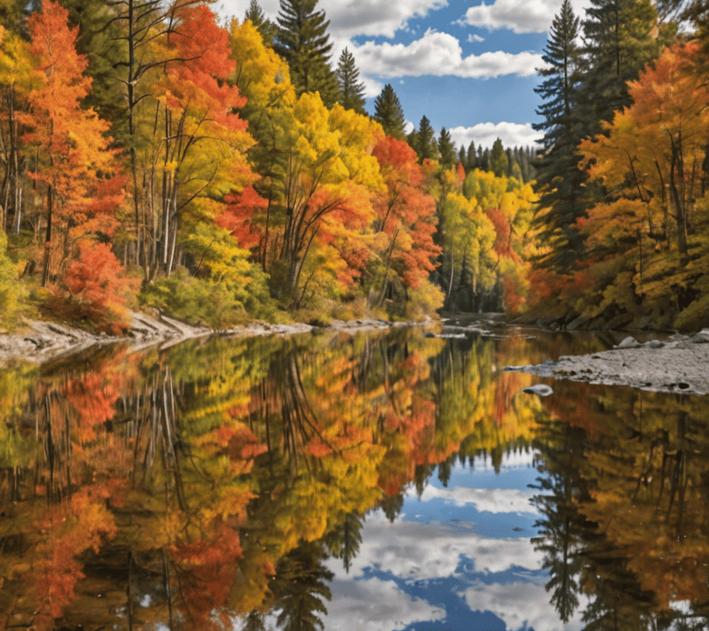 River coursing through a vibrant autumn forest, reflecting the colors of fall