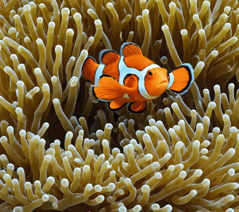 Clownfish darting through anemone in a colorful coral reef