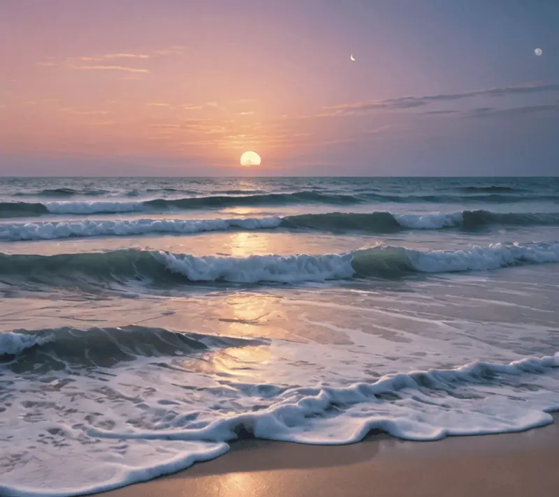 Waves rhythmically lapping at a sandy beach under a crescent moon