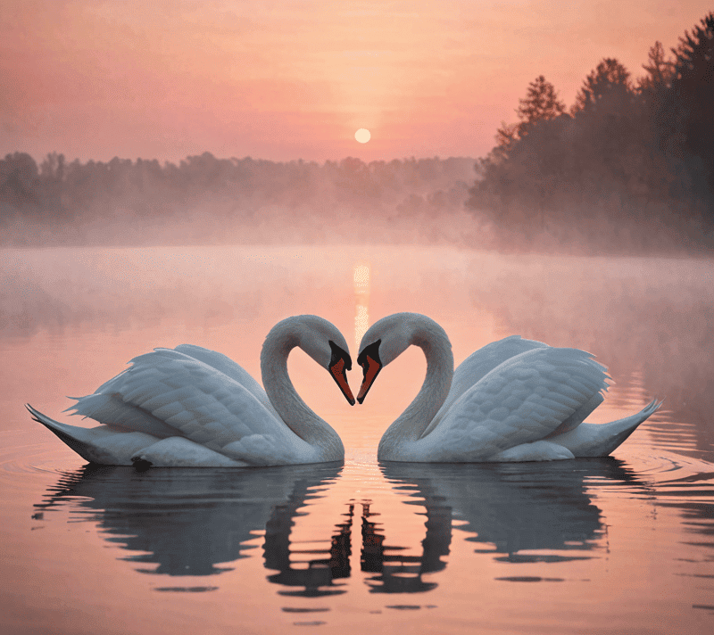 Swans forming a heart shape on a misty lake at dawn