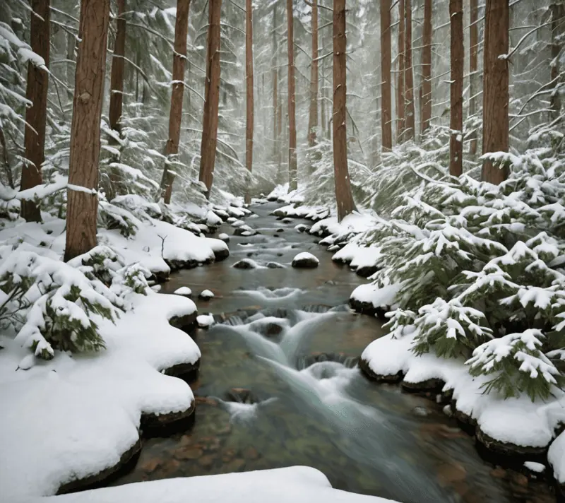 Snowy forest with a tranquil stream, evoking tranquility and peace.