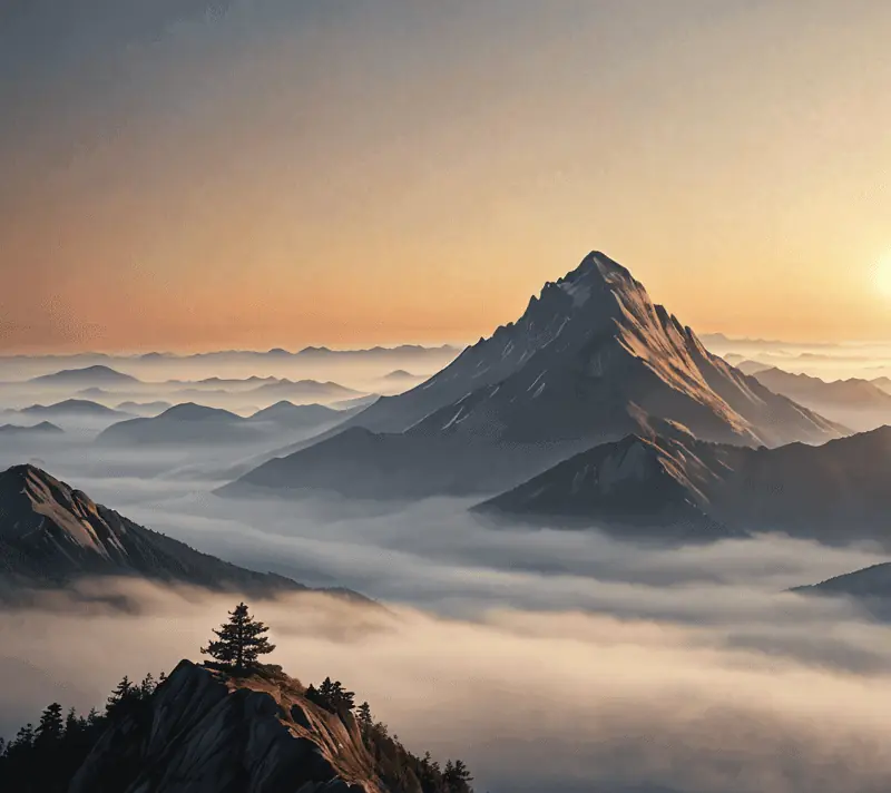 Mountain peak at sunrise above the fog, representing striving for success.