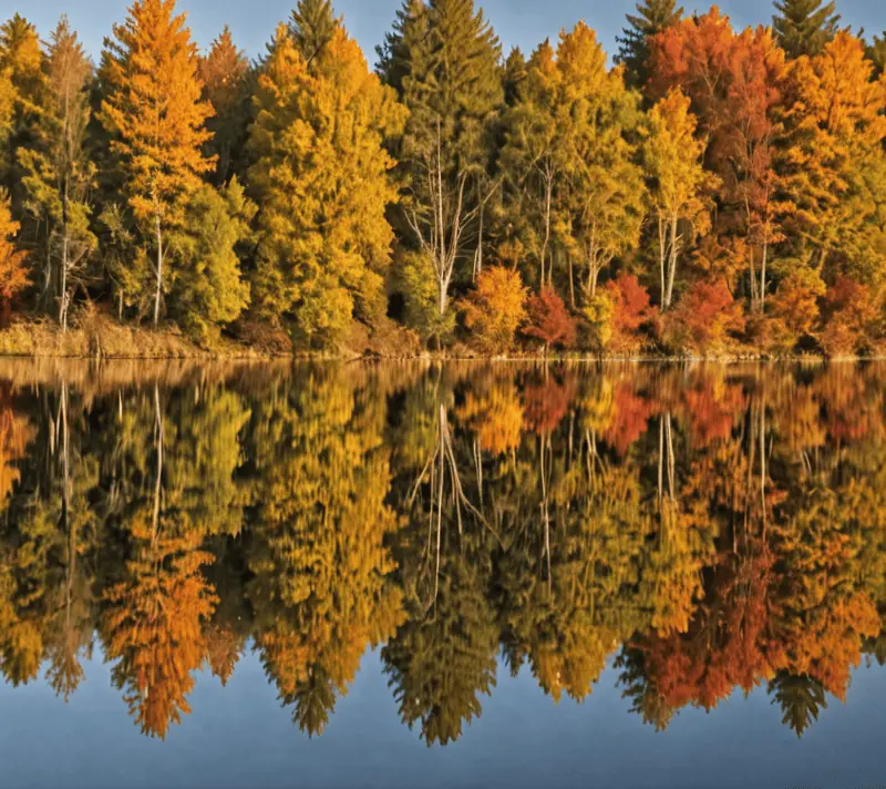 Autumn trees reflected on a calm lake at sunrise, symbolizing tranquility.