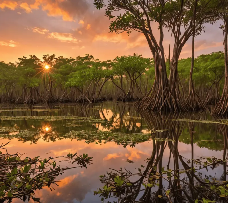 Sunrise reflecting on a mangrove forest, depicting hope and new beginnings.