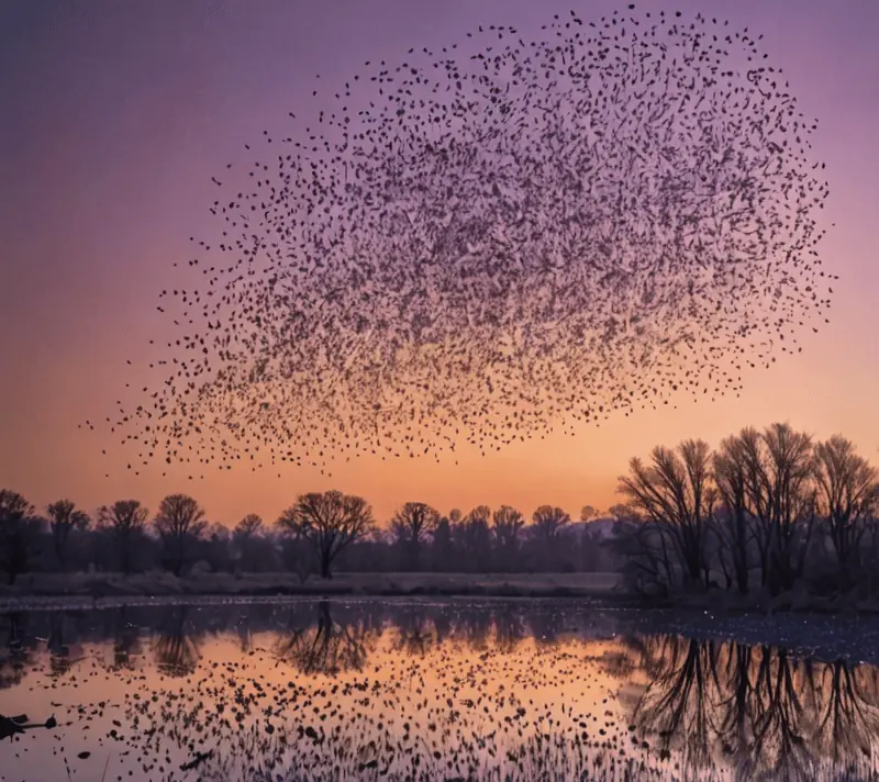 Murmuration of starlings against a twilight sky, symbolizing synergy.