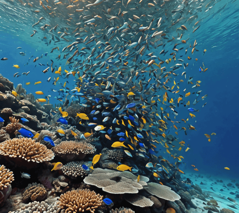 Tropical fish among coral reefs representing the verbs 'to team' and 'to trail'.