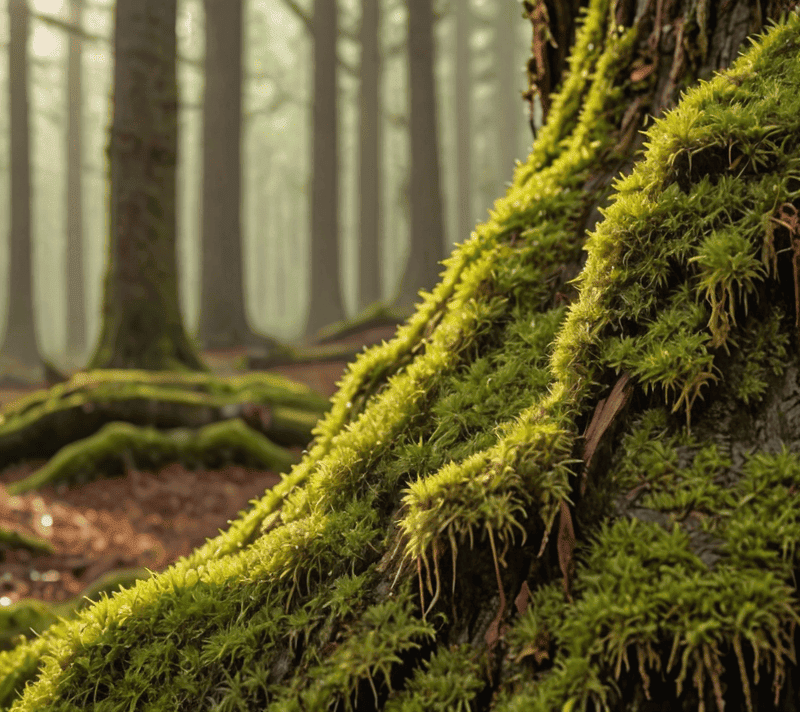 Close-up of dew-covered moss on a tree trunk in a misty forest, symbolizing thriving.