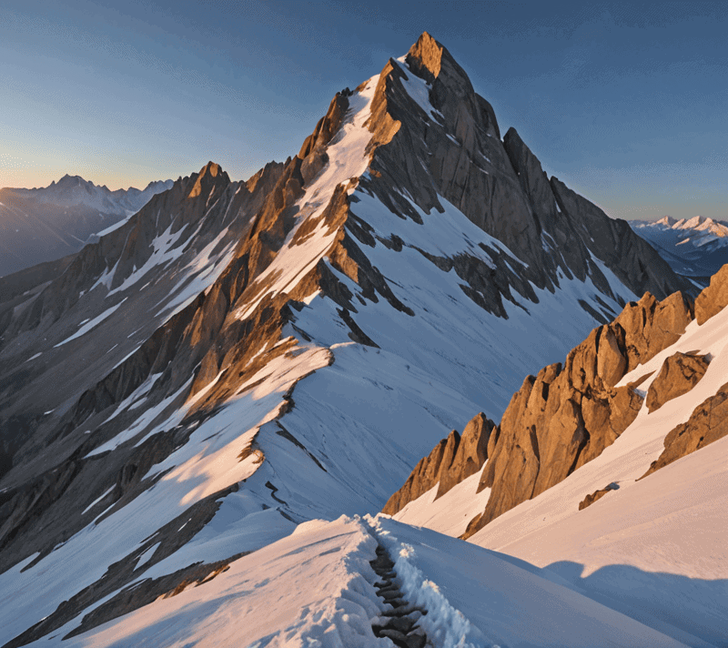 Alpenglow on a mountain summit symbolizing triumph without human presence.