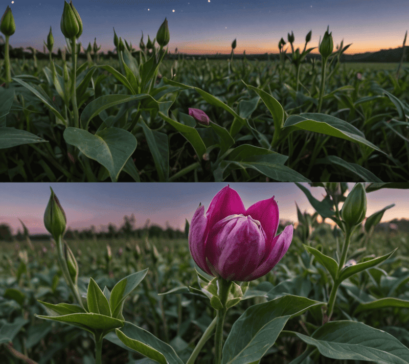 Timelapse photo of a flower bud blooming from dusk till dawn, depicting unfolding.