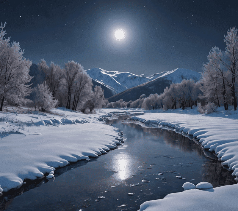 Serene snow-covered valley under the light of a supermoon with a frozen river reflecting the lunar glow.
