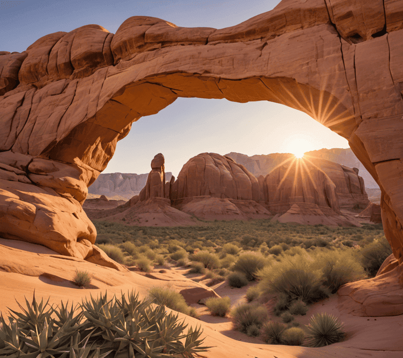 Sunrise over a natural sandstone arch with a flourishing oasis below, representing growth in a stark environment.