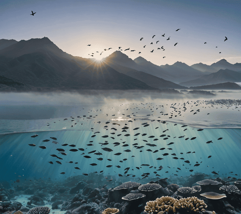 An underwater scene of a coral reef teeming with cooperative fish with a morning misty mountain range in the background and a flock of birds in the sky.