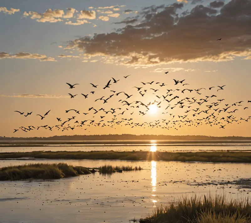 Birds flying over an estuary at high tide during the golden hour, portraying a vibrant ecosystem.
