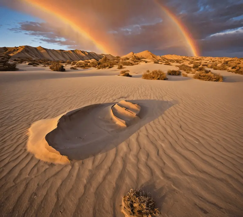 Sunrise over a desert landscape with a unique rock formation and a 'fire rainbow' in the sky, inviting visionary thinking.