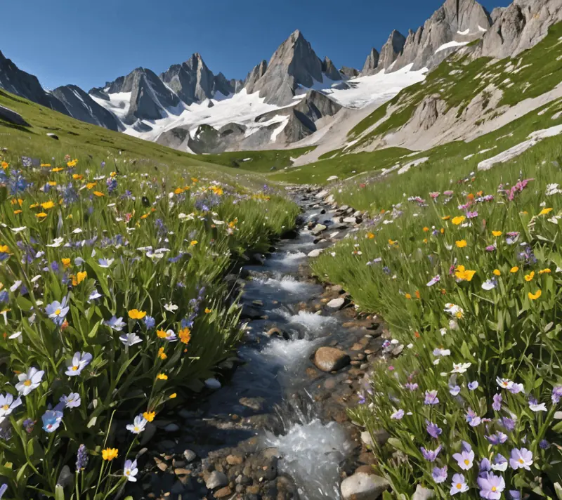 Glacial stream in an alpine meadow with colorful wildflowers and mountain peaks, representing a vivacious environment.