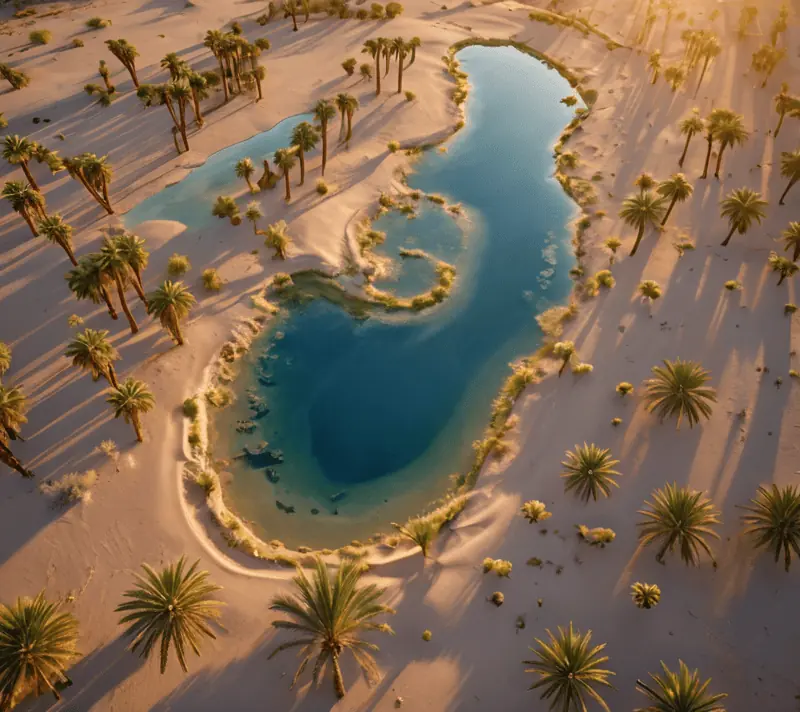 Aerial view of a desert oasis at sunset, with a spring of water surrounded by greenery against the warm desert sands.