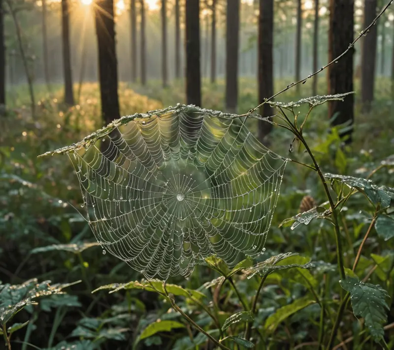 Dew drops shimmering on a spiderless cobweb interwoven among wildflowers at sunrise, with a radiant forest backdrop.