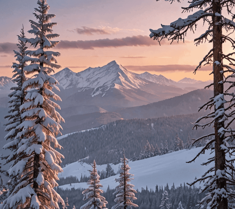 Coyote silhouette on a snow-covered ridge with a pinkish dawn light, expressing joy in a winter wonderland.