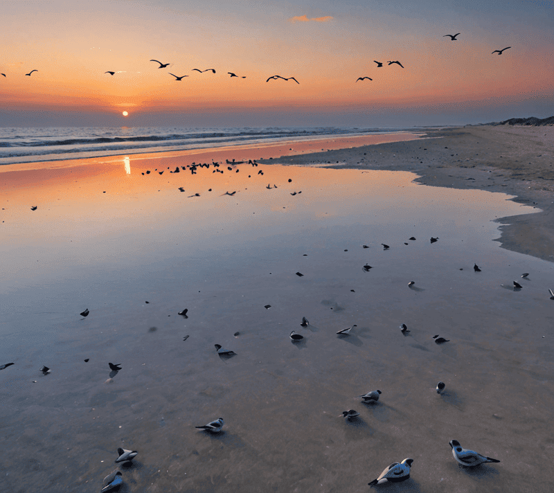 Coastal landscape at sunset with birds flying over the reflection on wet sand.