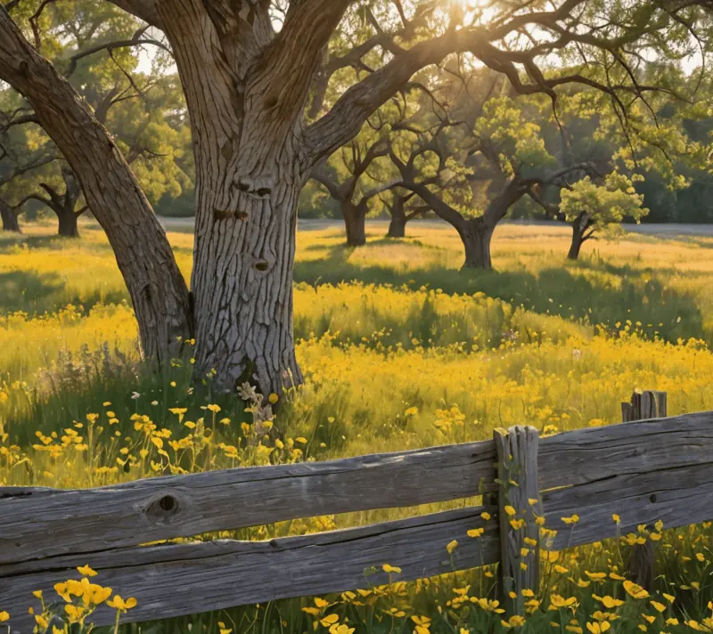 Golden-hued meadow with wildflowers and a weathered wooden fence leading to an ancient oak tree.
