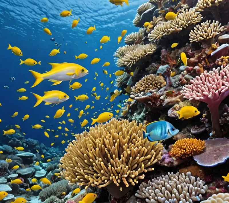 Colorful tropical coral reef bustling with a school of youthful yellowtail fish.