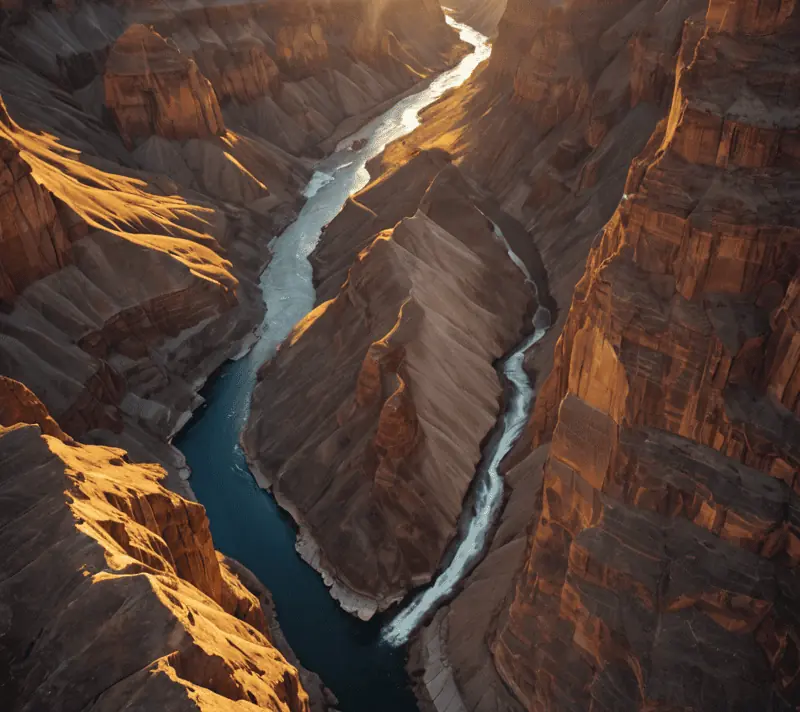 Aerial view of a golden-lit river zigzagging through a canyon at sunset with an eagle soaring above.