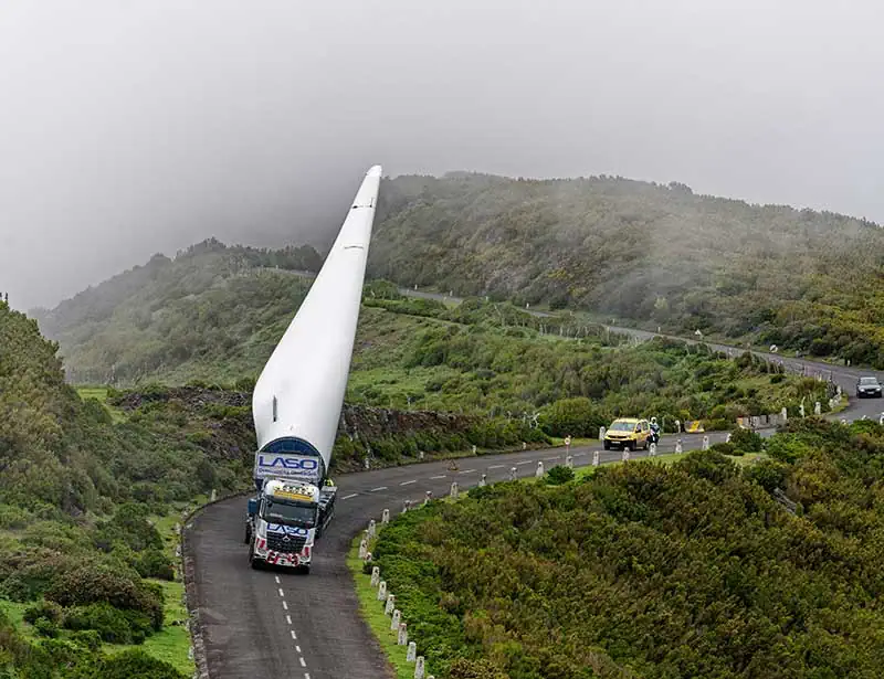 Wind turbine blade being transported.