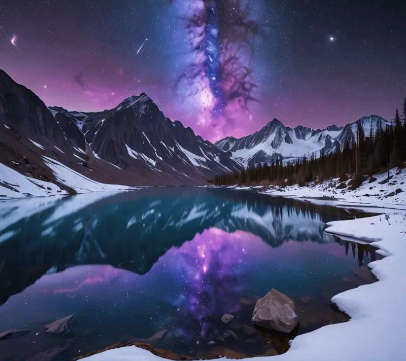 A vibrant purple and blue nebula reflected in a still mountain lake, with star trails above.