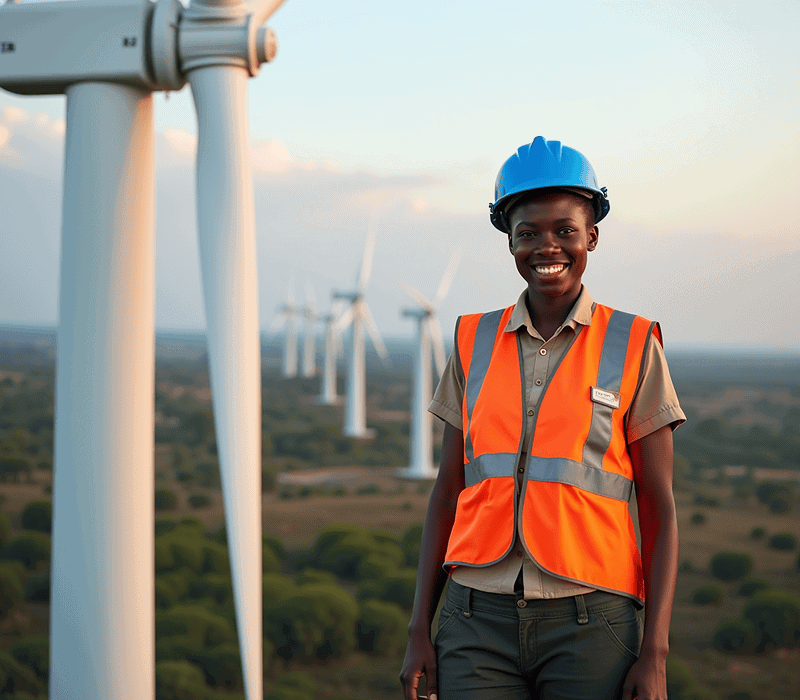 Woman in safety gear atop wind turbine in Kenyan savannah at dawn.
