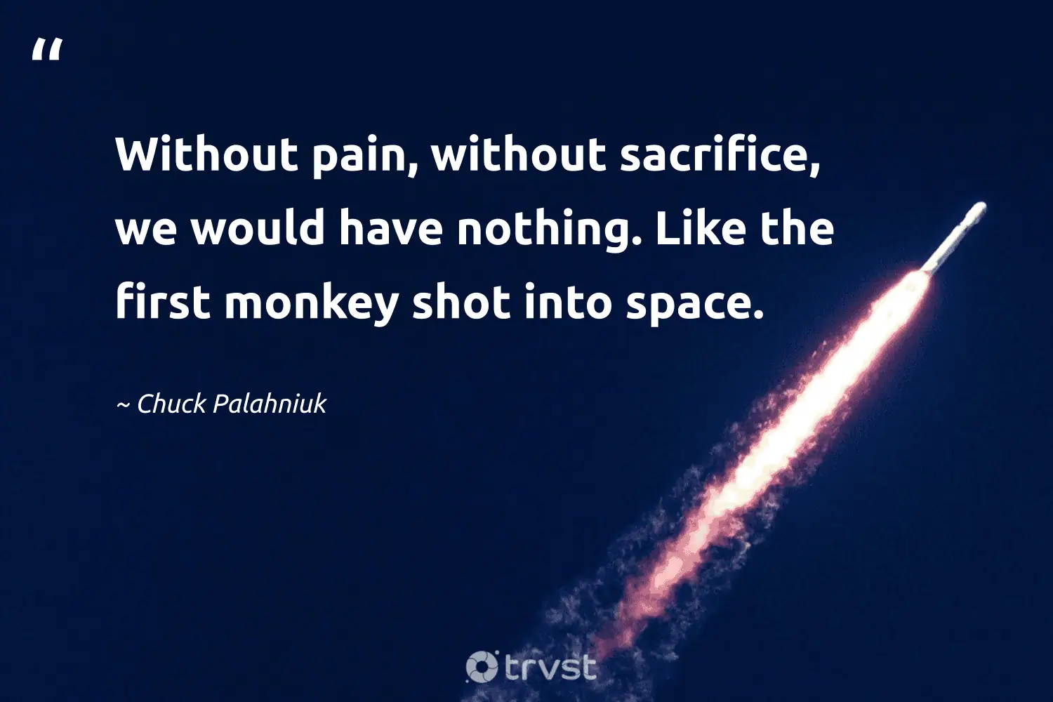 "Without pain, without sacrifice, we would have nothing. Like the first monkey shot into space." -Chuck Palahniuk #trvst #quotes #socialchange #dogood #sacrifice #space 