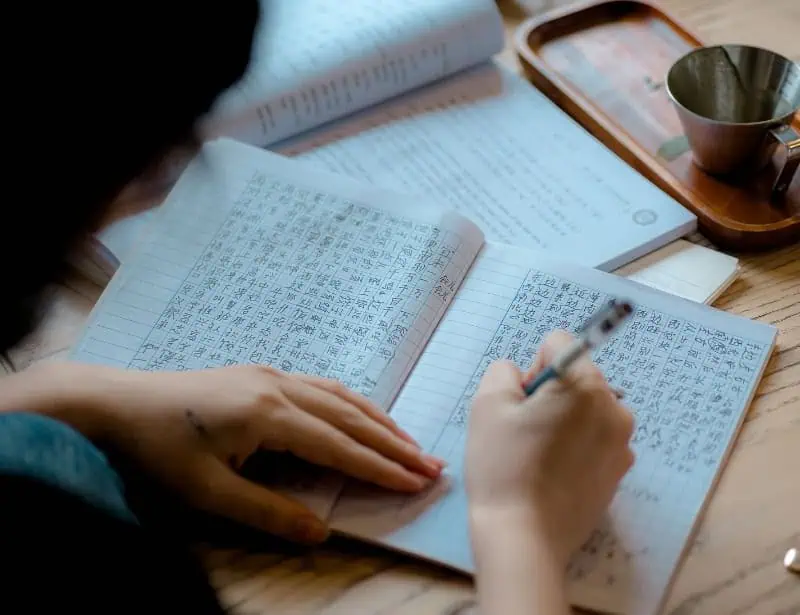closeup of person writing Chinese characters on notebook