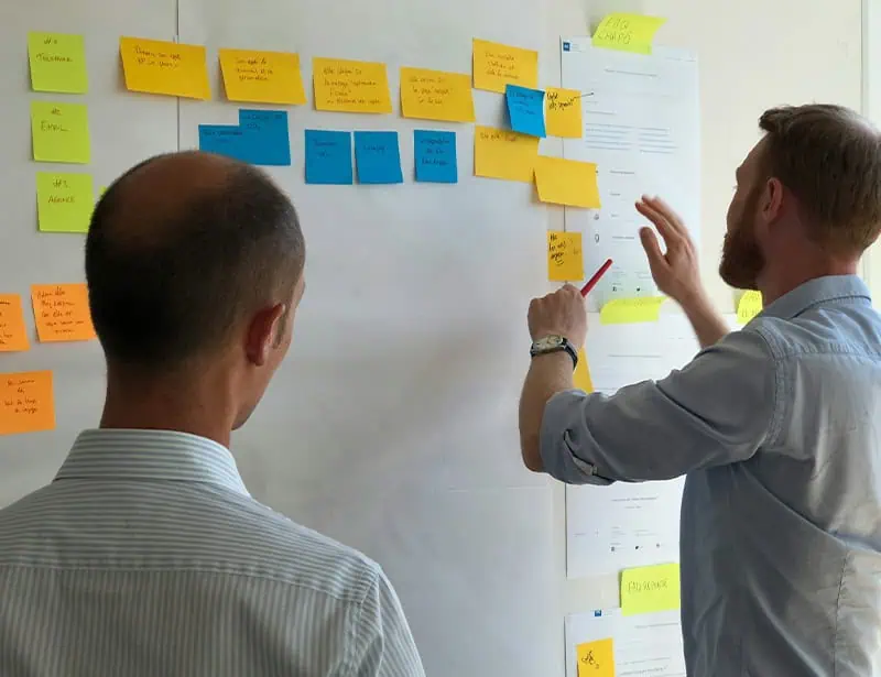 two guys planning with notes on whiteboard