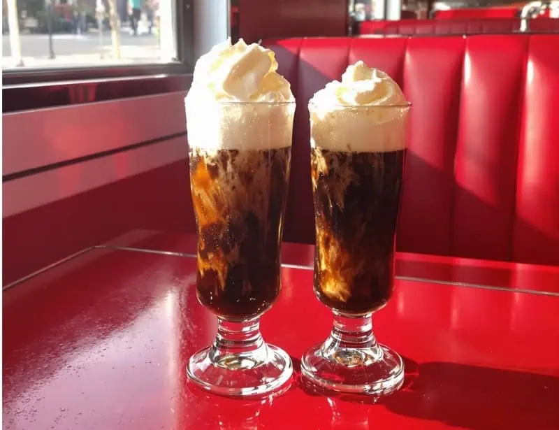Two root beer floats in tall glasses on a red vinyl diner table with vintage American diner interior and checkered floor in background.