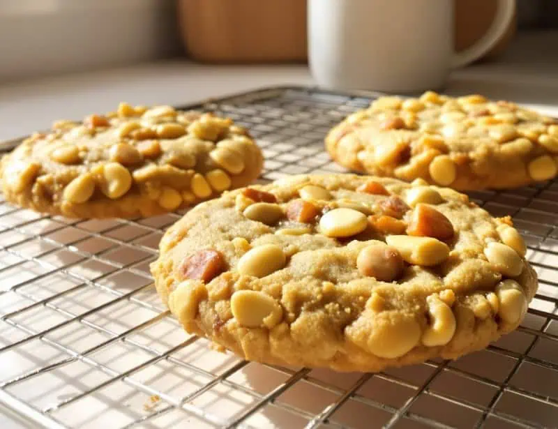 Three golden-brown macadamia nut cookies cooling on a wire rack in warm afternoon kitchen light with soft-focus kitchen elements in background.