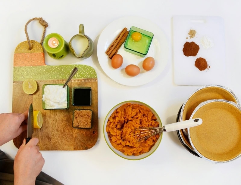 top view of ingredients preparation for pumpkin pie