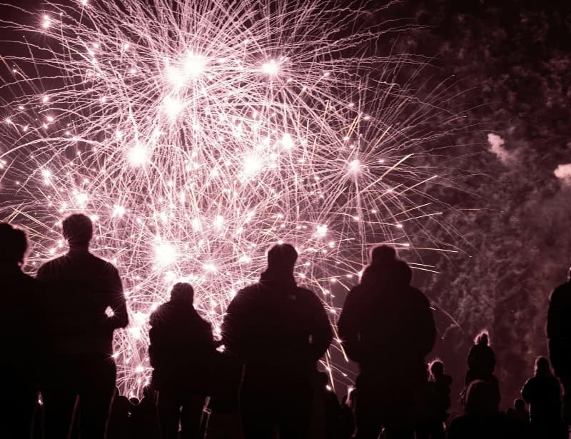 silhouette people in front of fireworks