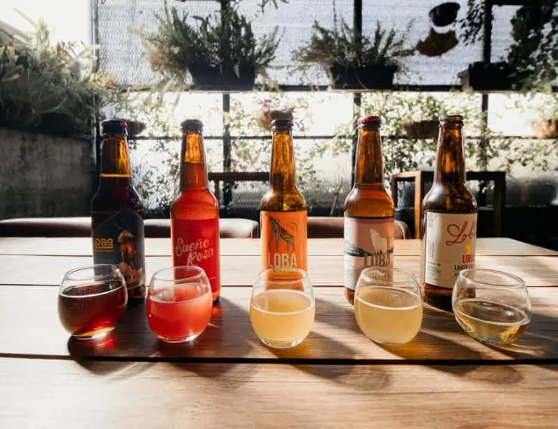 five bottles and glasses of various craft beers