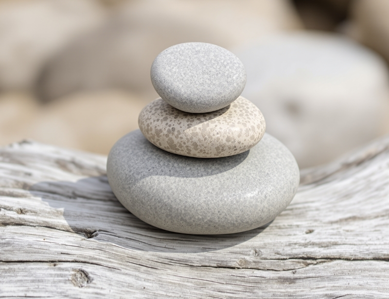 Three smooth river stones balanced vertically on weathered driftwood, photographed with soft lighting and blurred natural background.