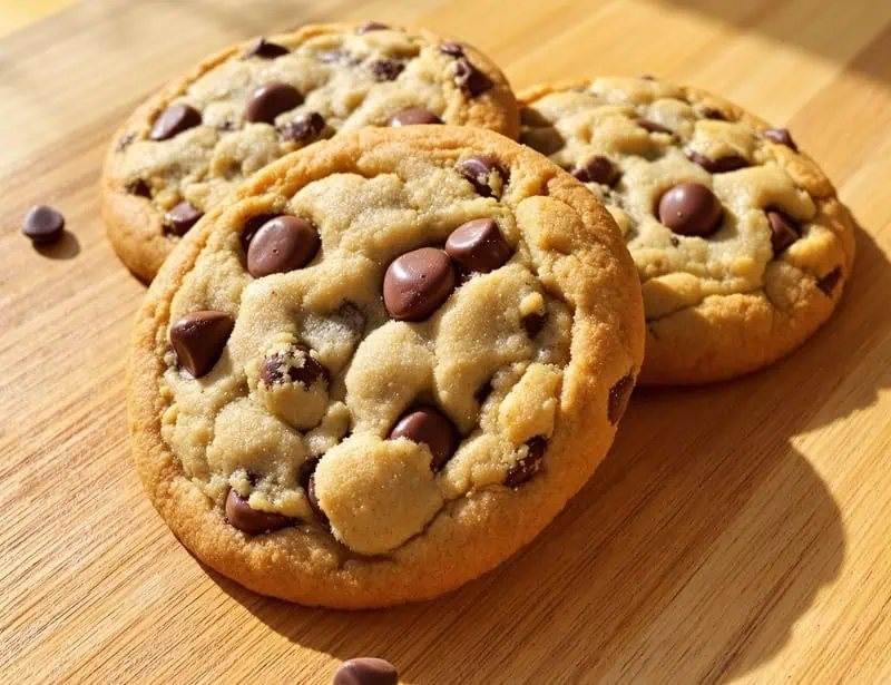 Three chocolate chip cookies on a weathered oak cutting board bathed in golden afternoon light with scattered chocolate chips nearby.