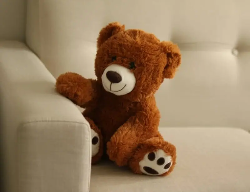 brown teddy bear sitting on white sofa