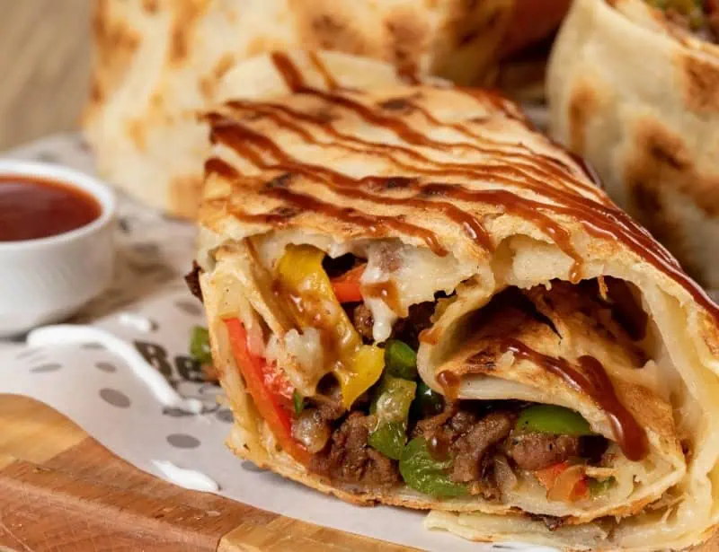closeup cross section of fajita burrito