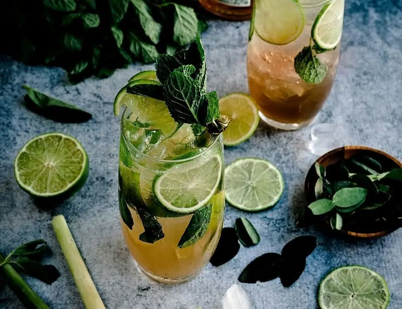 rum lime mint mojito in two glasses