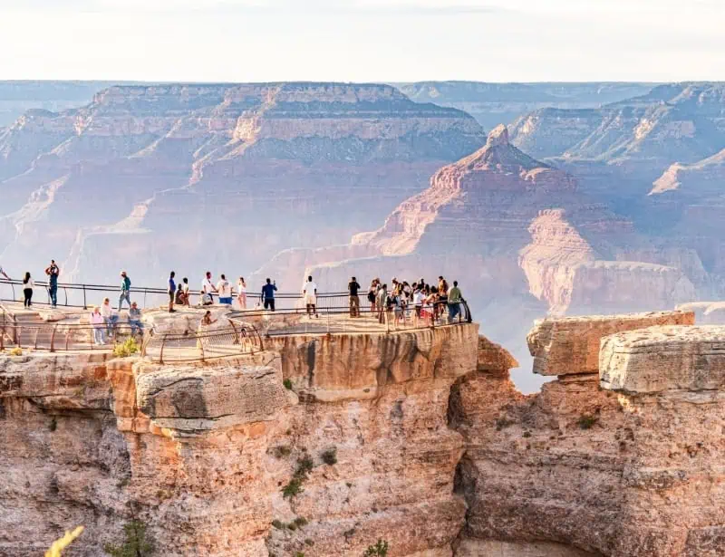 birds eye view of tourists in grand canyon viewing deck arizona usa